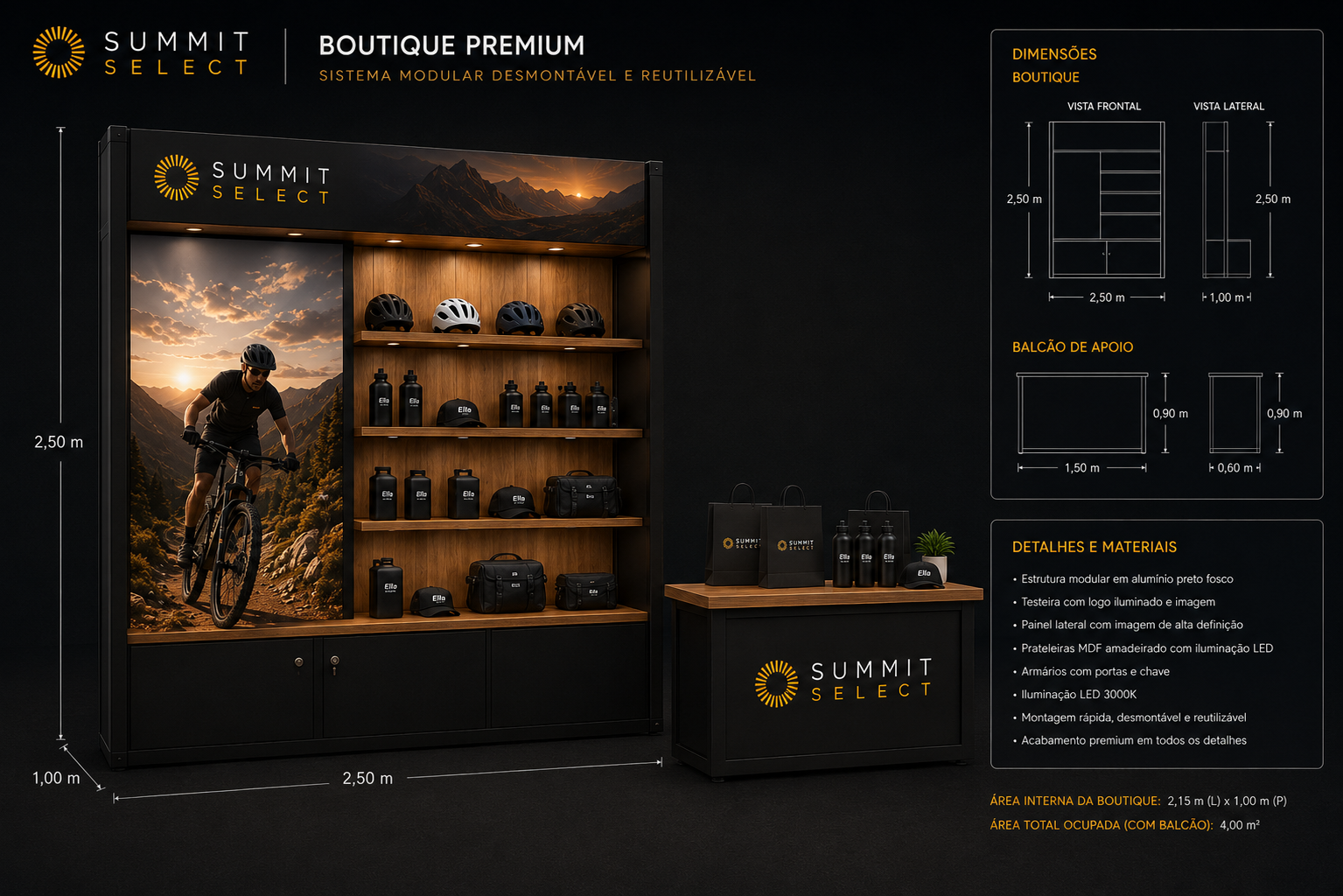 Boutique Premium Summit Select: sistema modular desmontável e reutilizável com dimensões e especificações técnicas