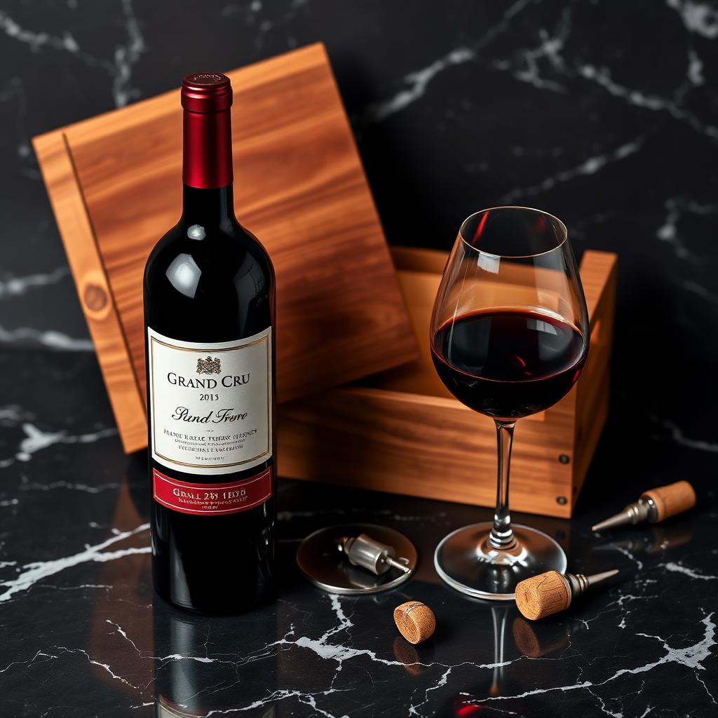 Garrafa de vinho tinto Grand Cru com taça de cristal e caixa de madeira em mármore escuro