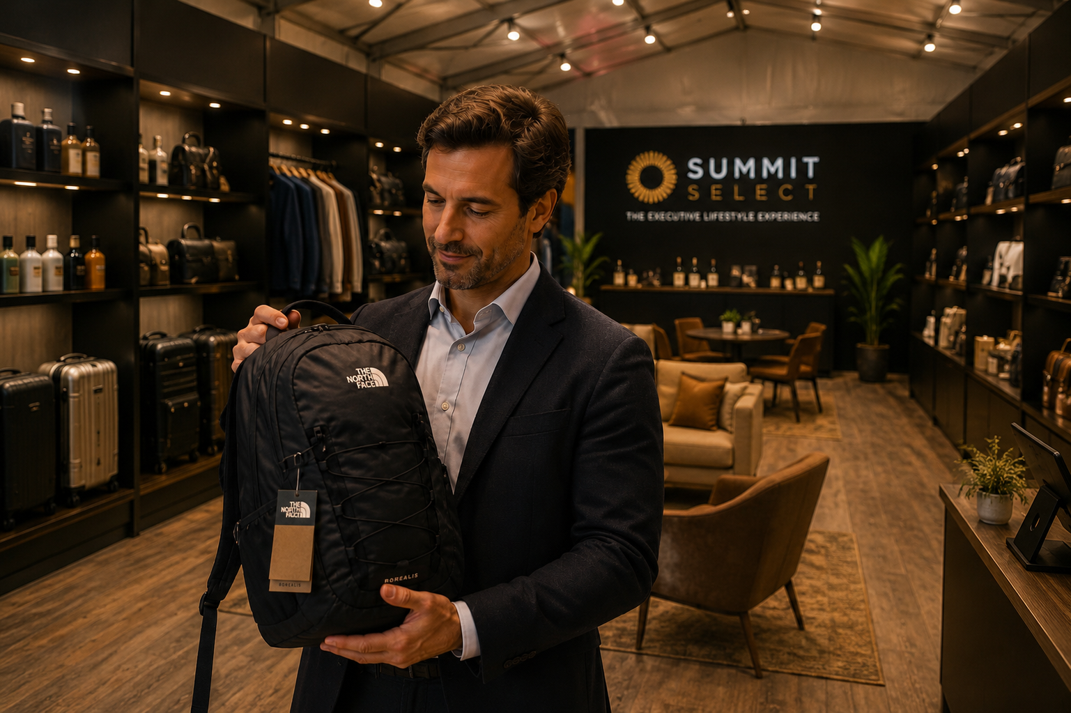 Executivo explorando produtos premium na boutique Summit Select