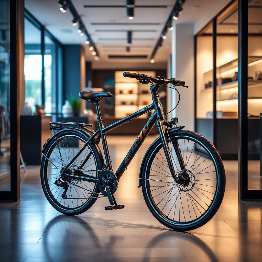 Bicicleta Lev exposta em boutique premium com iluminação sofisticada