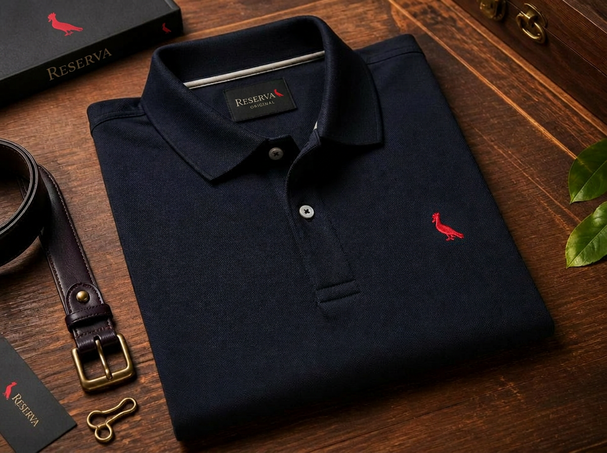 Polo navy premium dobrada com cinto de couro em flat lay editorial