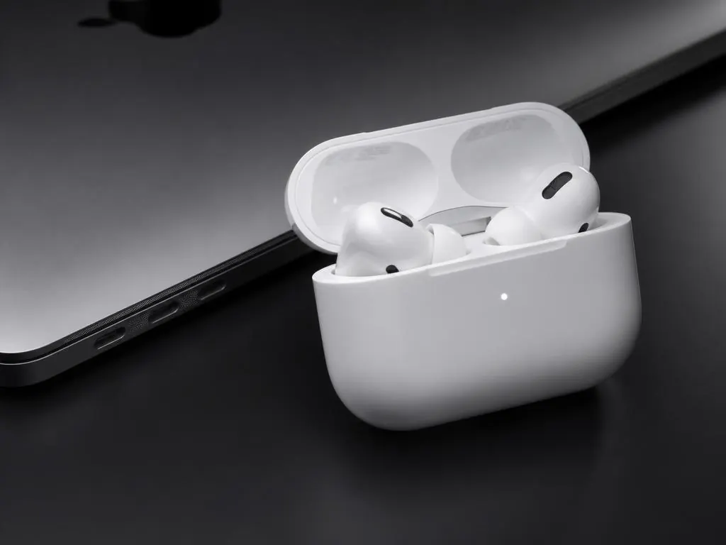 Apple AirPods Pro ao lado de MacBook em fotografia tech premium