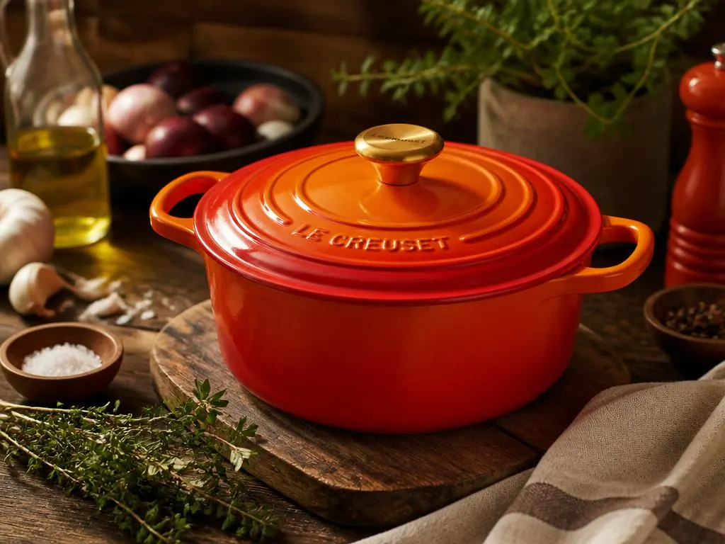 Cocotte Signature laranja Le Creuset sobre tábua rústica com ingredientes