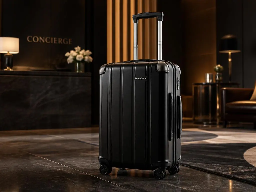 Mala de bordo Samsonite em lobby de hotel premium