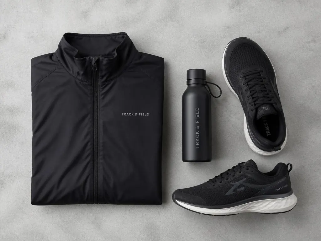Jaqueta, tênis e garrafa Track & Field em flat lay premium